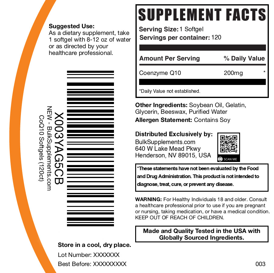 Coenzyme CoQ10 200mg 120 sotgels label