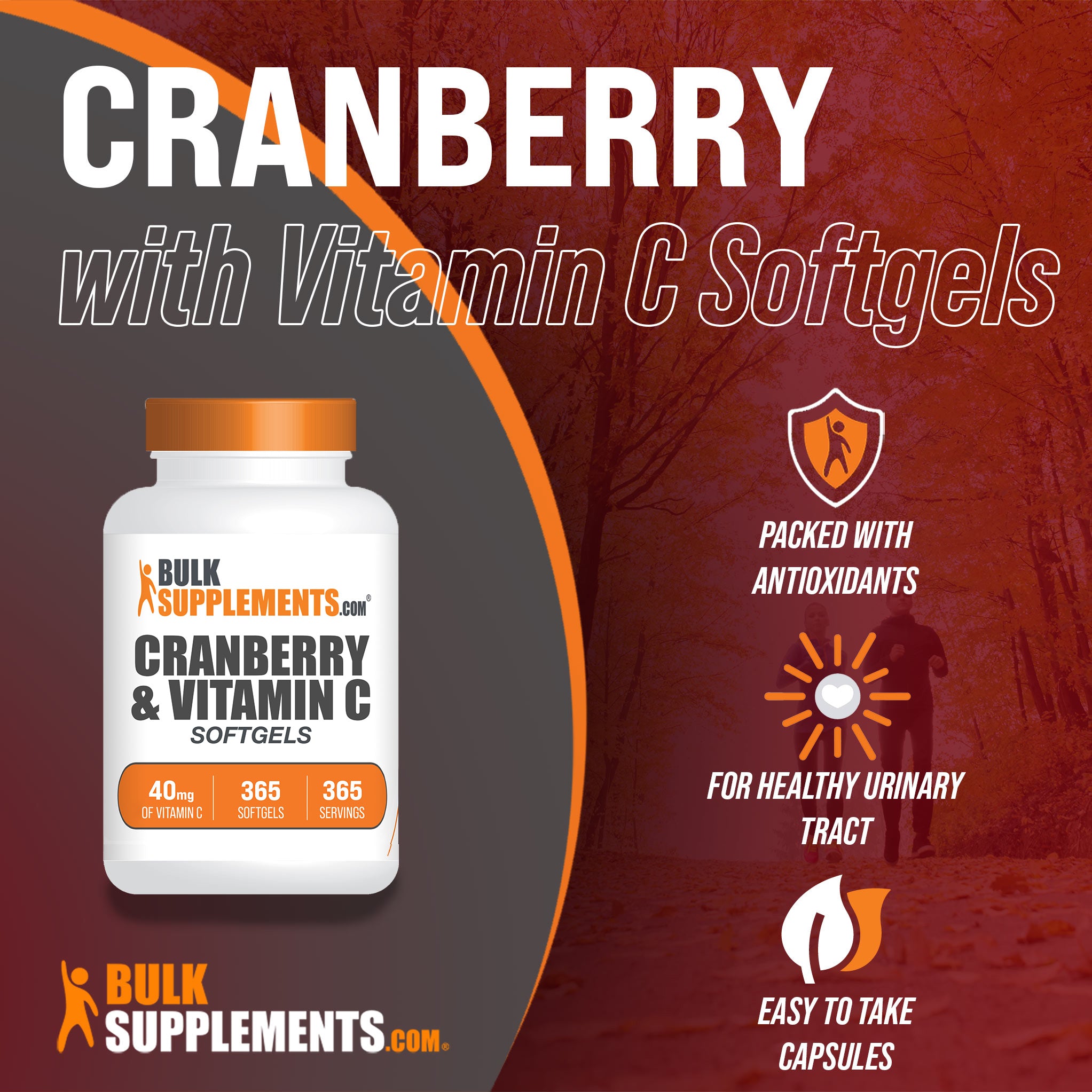 Cranberry and Vitamin C Antioxidant Supplements. Detailing 365 softgel variety