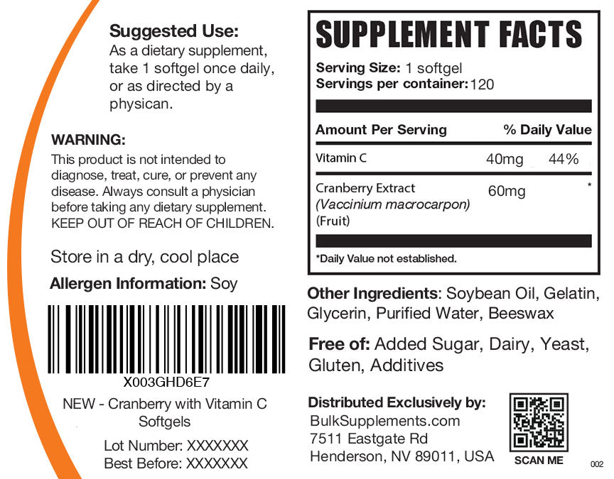 Supplement Facts Cranberry & Vitamin C 120 softgels