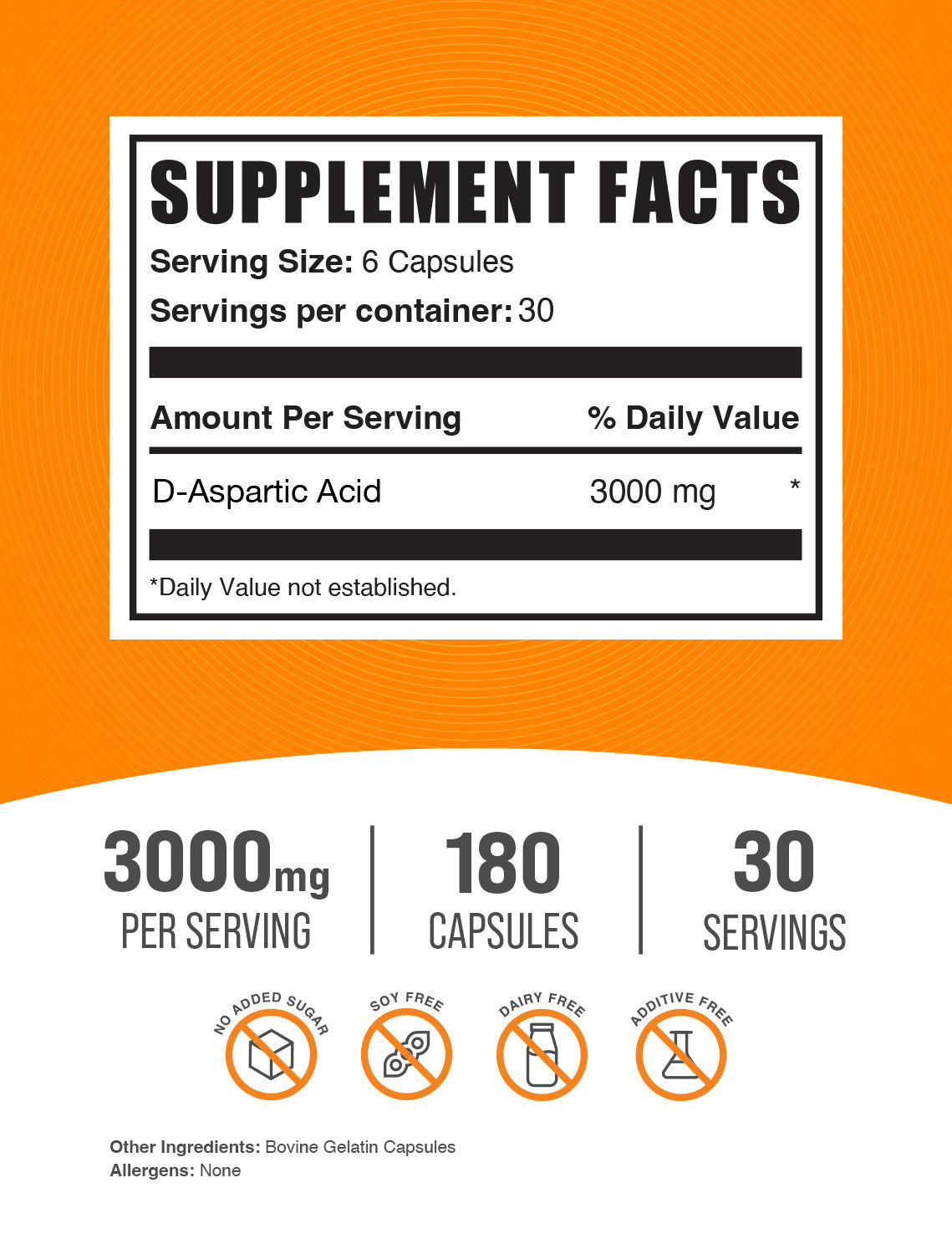 BulkSupplements D-Aspartic Acid Capsules 3000mg 180caps Supplement Facts