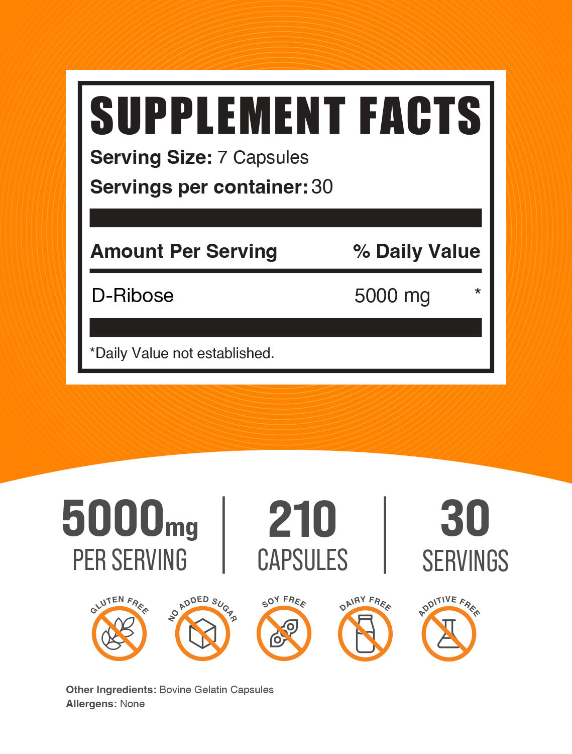 BulkSupplements D-Ribose Capsules 5000mg 210 caps Supplement Facts
