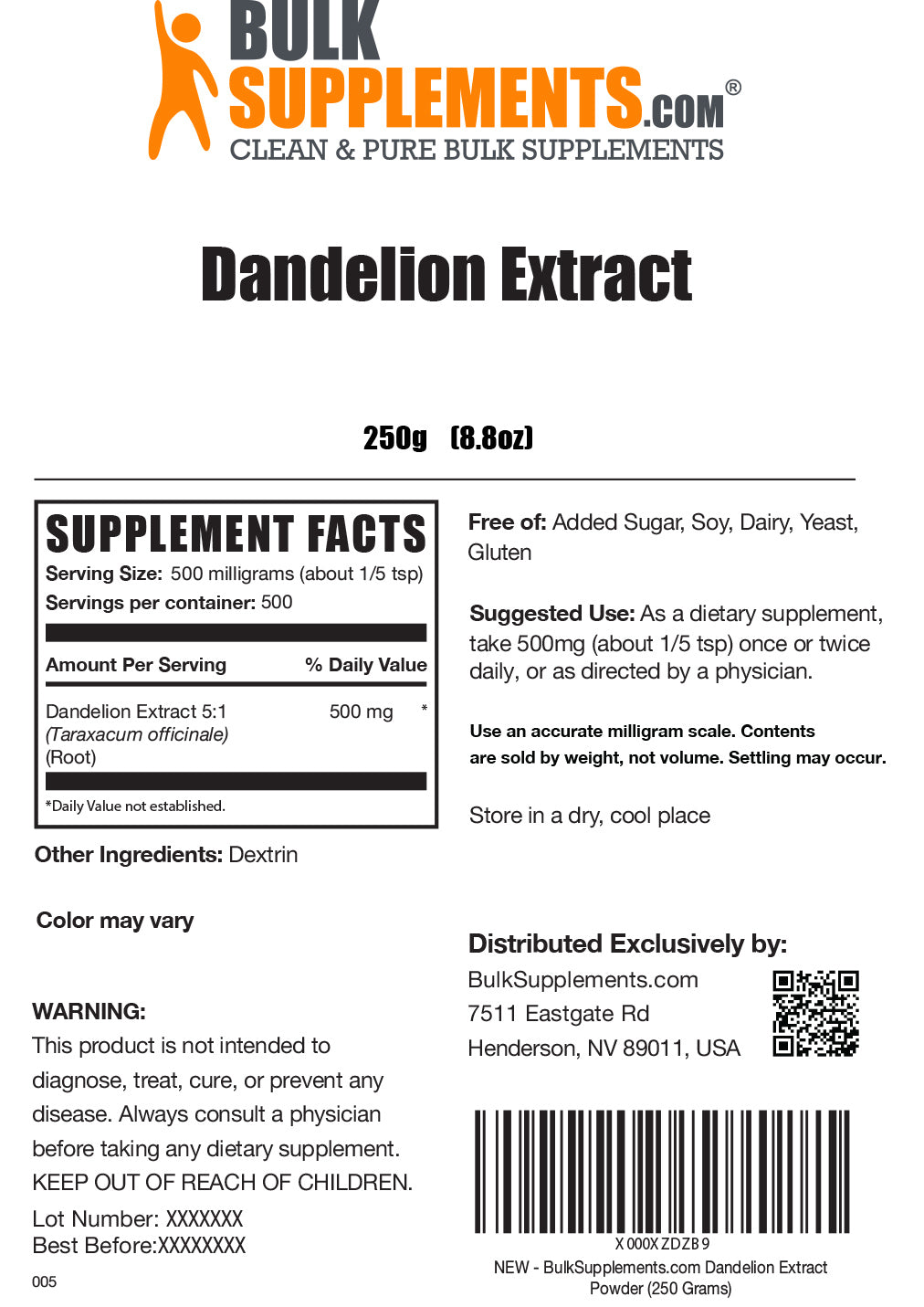 Supplement Facts for Dandelion Extract