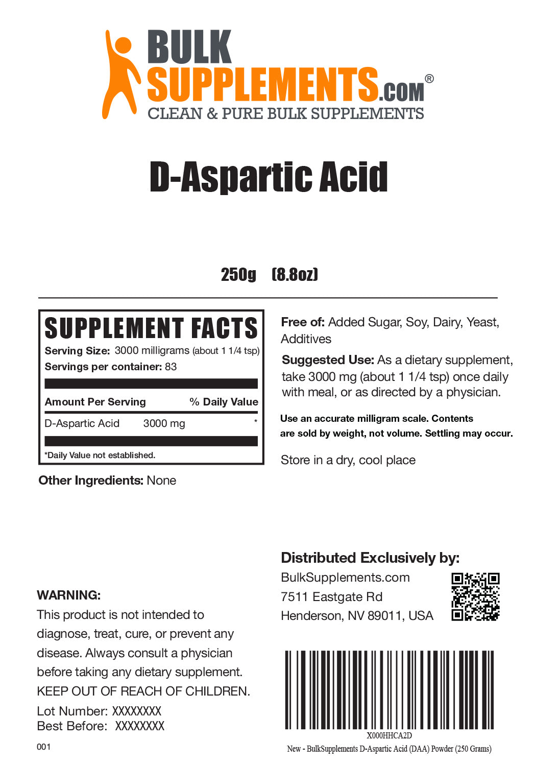 D-Aspartic Acid powder label 250g