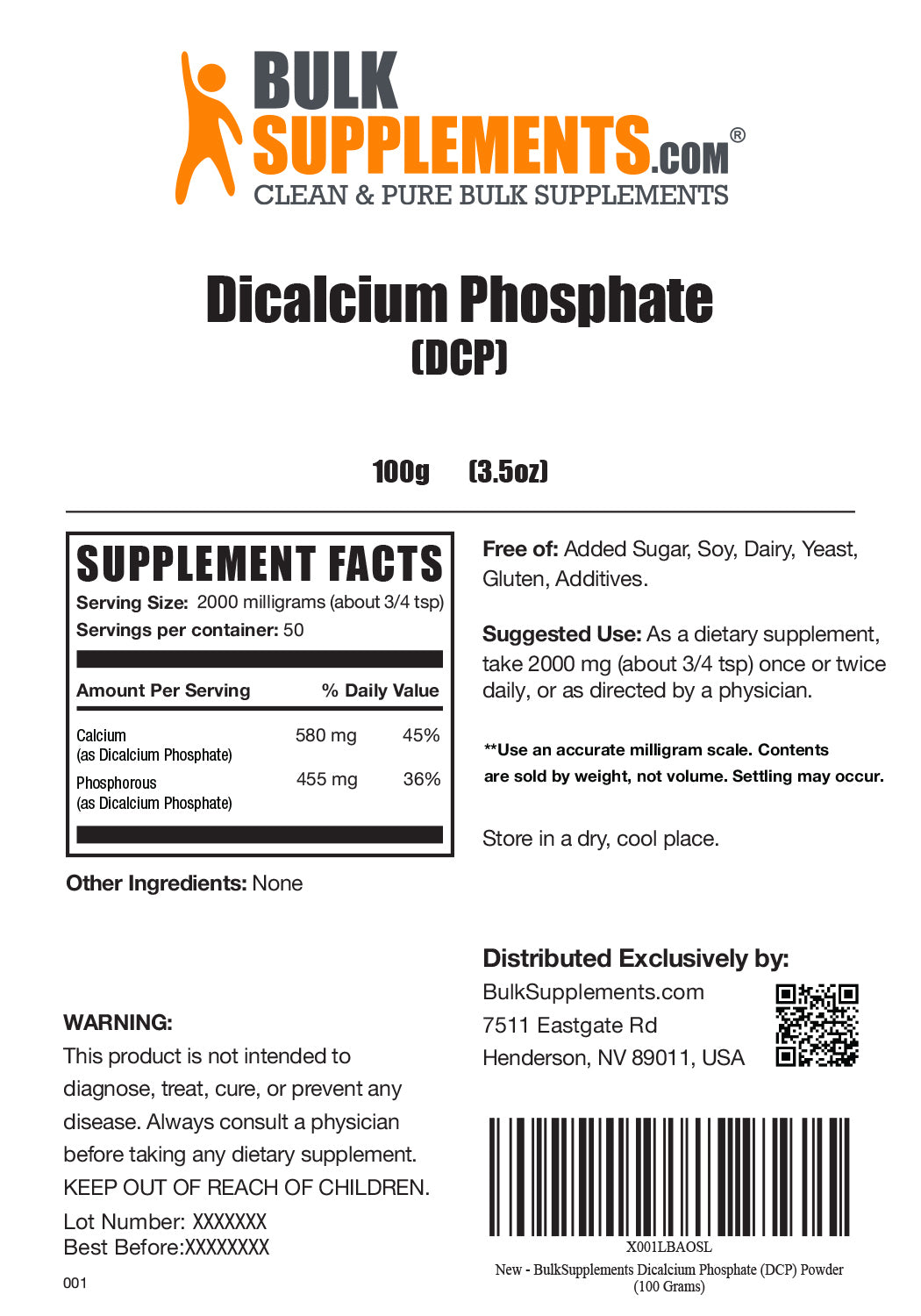 Supplement Facts Dicalcium Phosphate DCP