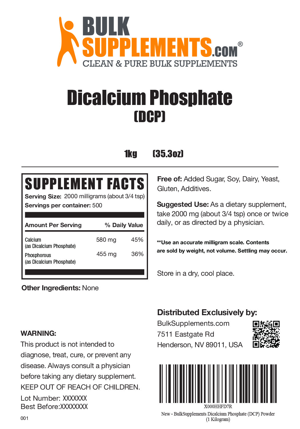 Supplement Facts Dicalcium Phosphate DCP
