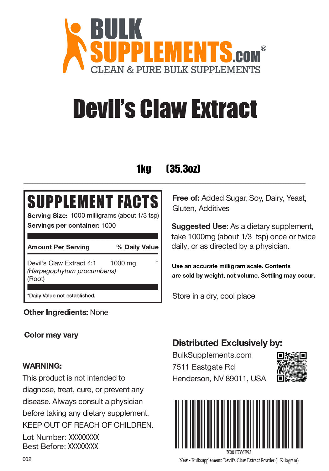 Supplement Facts Devil's Claw Extract