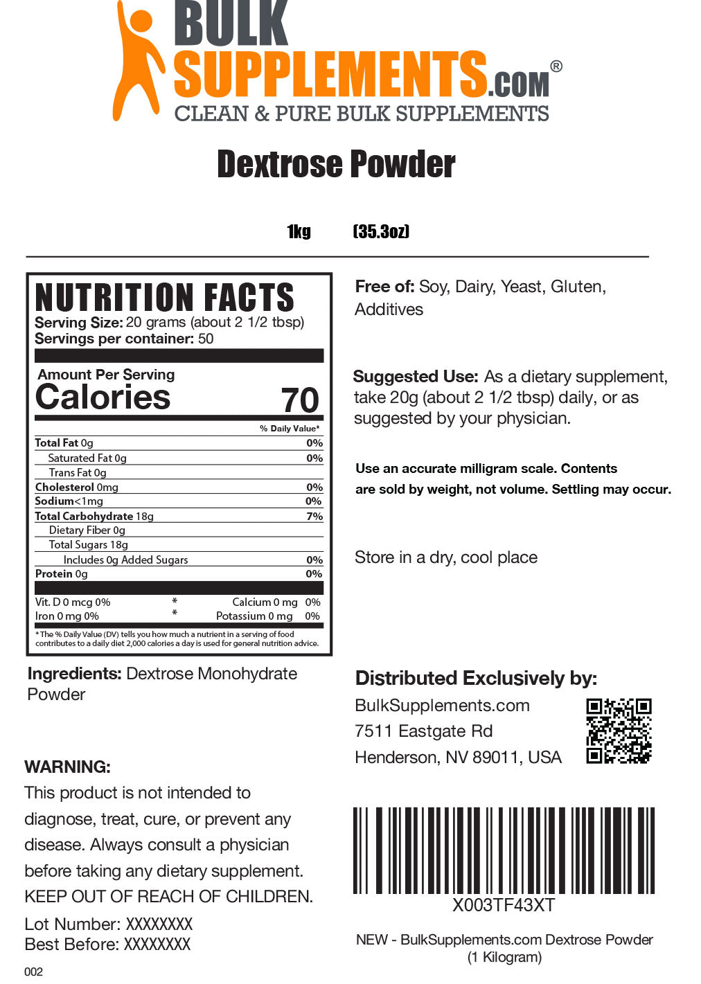 Supplement Facts Dextrose Powder