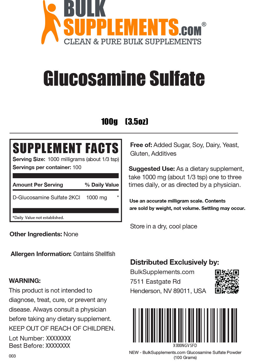Glucosamine Sulfate supplement facts 100g