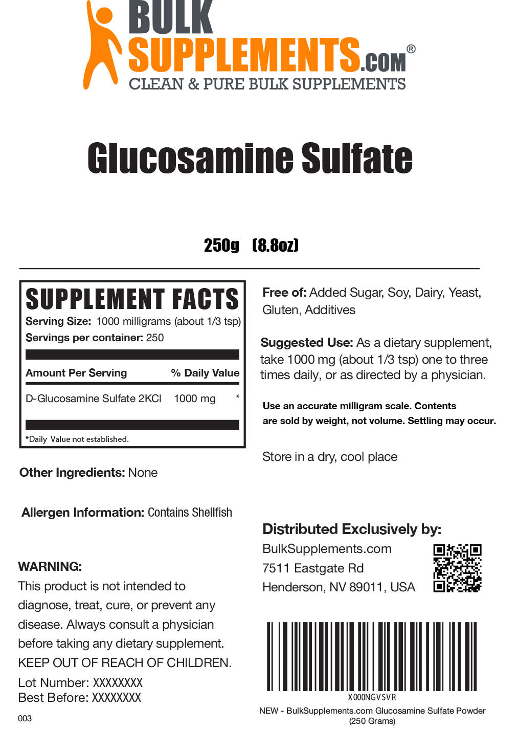 Glucosamine Sulfate supplement facts 250g