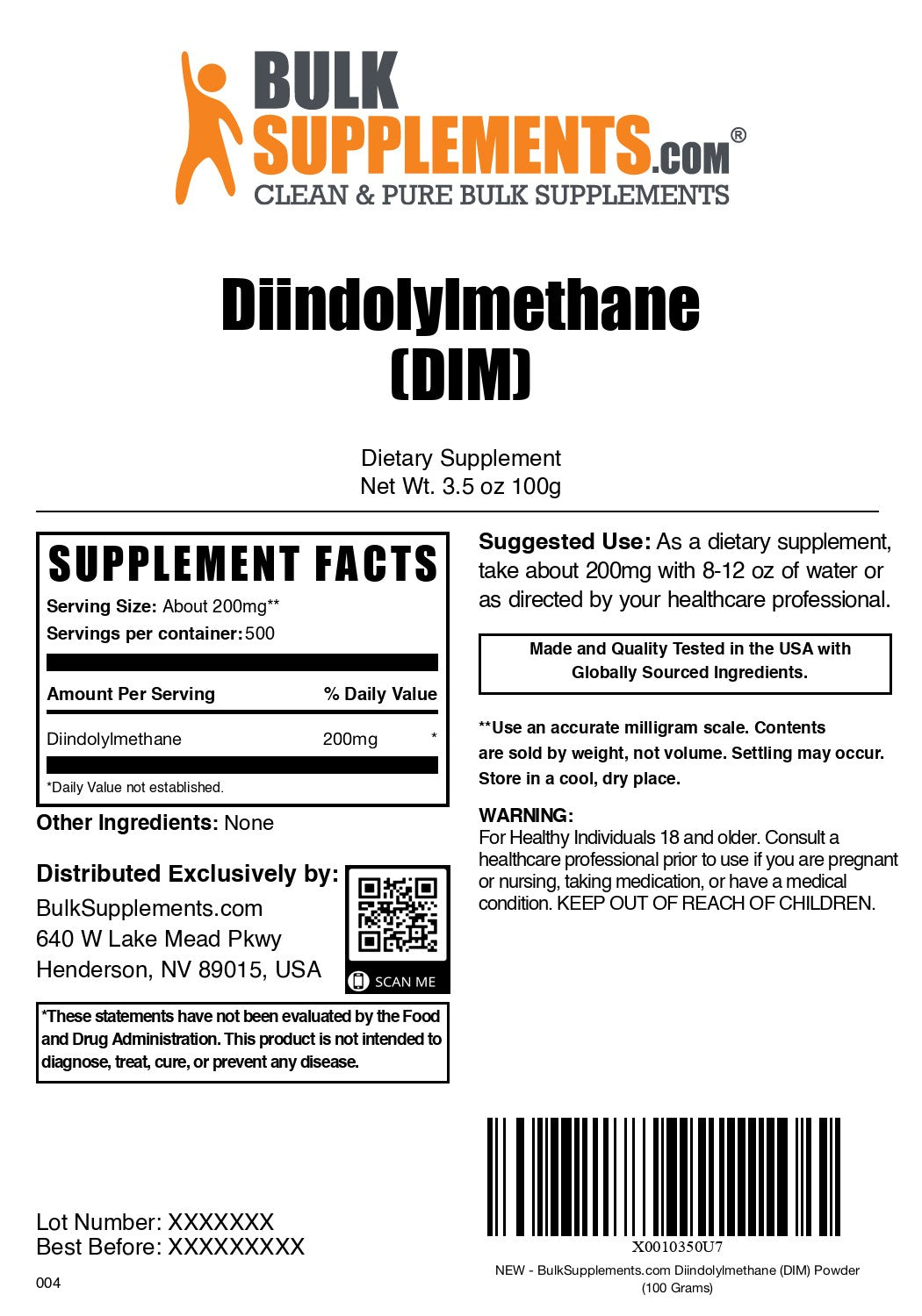 Diindolylmethane (DIM) 100g label
