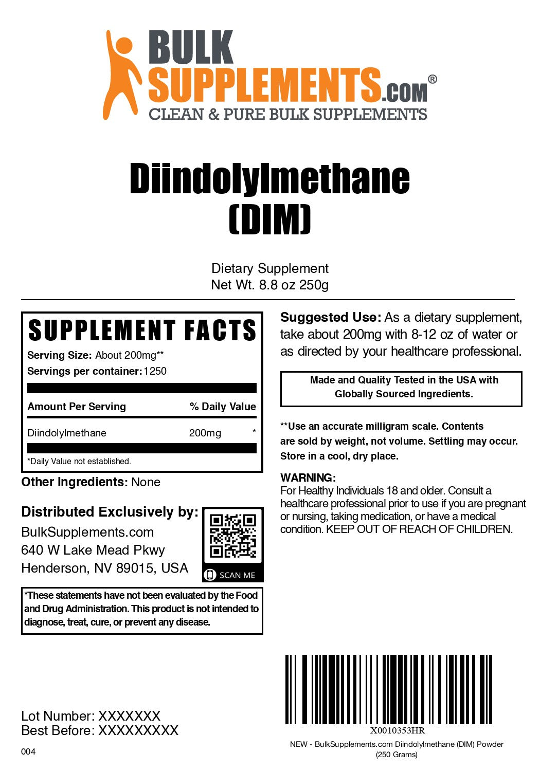 Diindolylmethane (DIM) 250g label