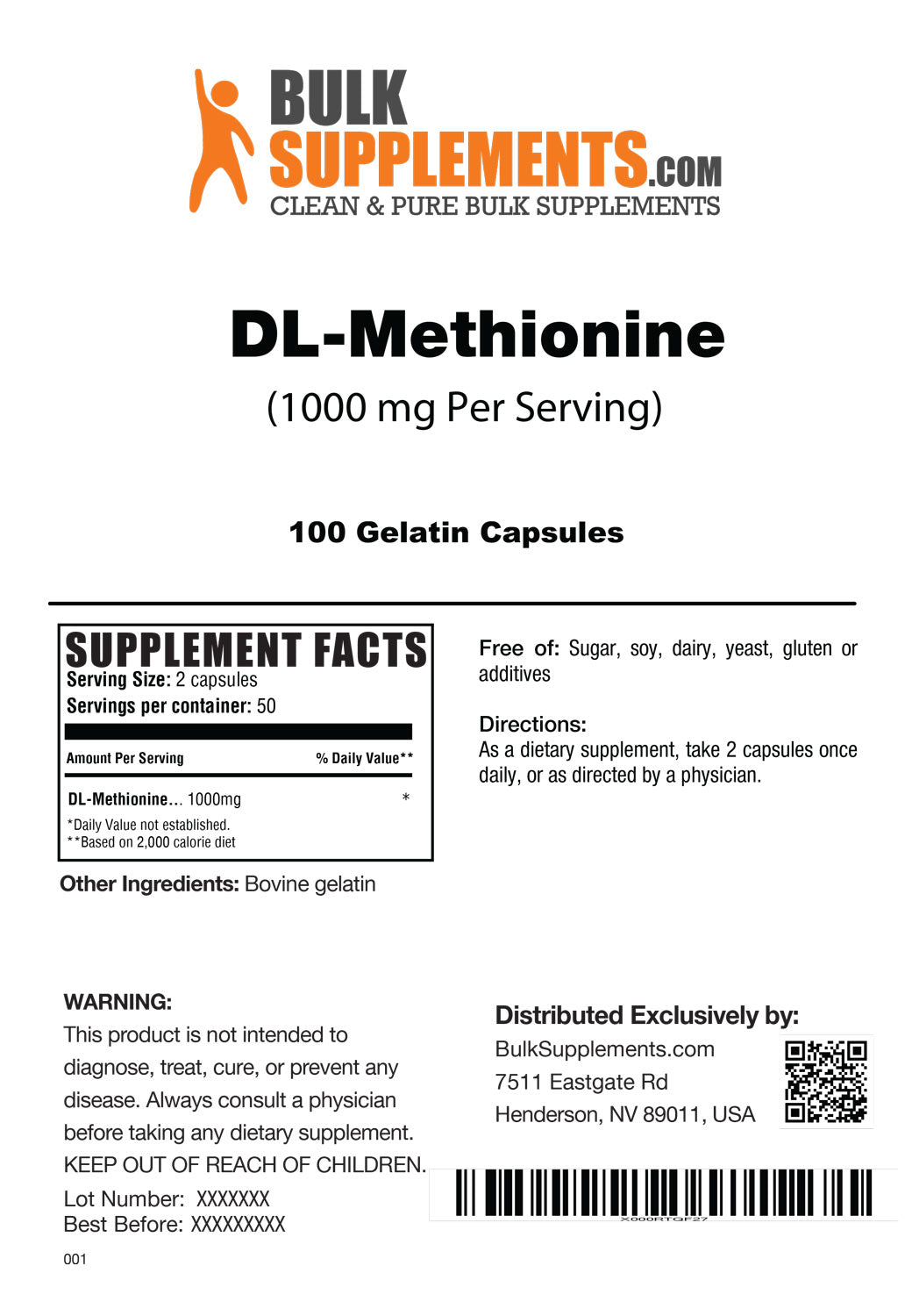 Supplement Facts DL-Methionine 1000mg