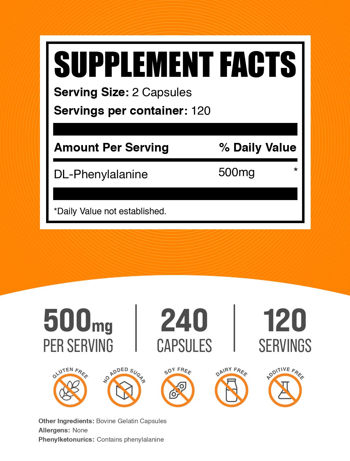 DL-Phenylalanine Capsules 240ct Label