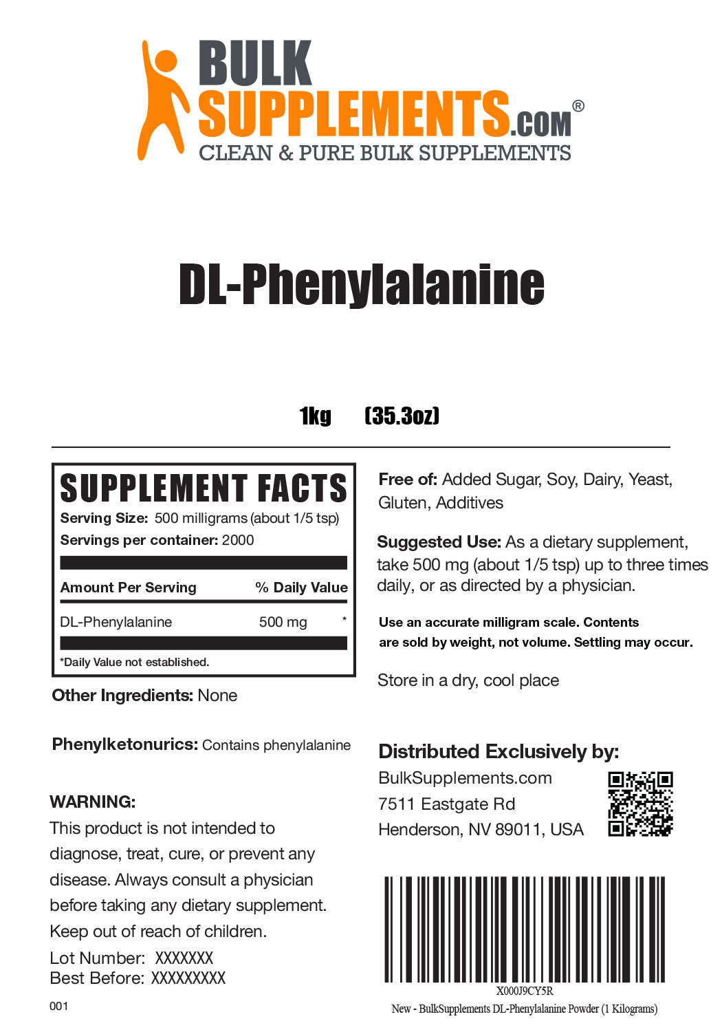 Supplement Facts DL-Phenylalanine Powder