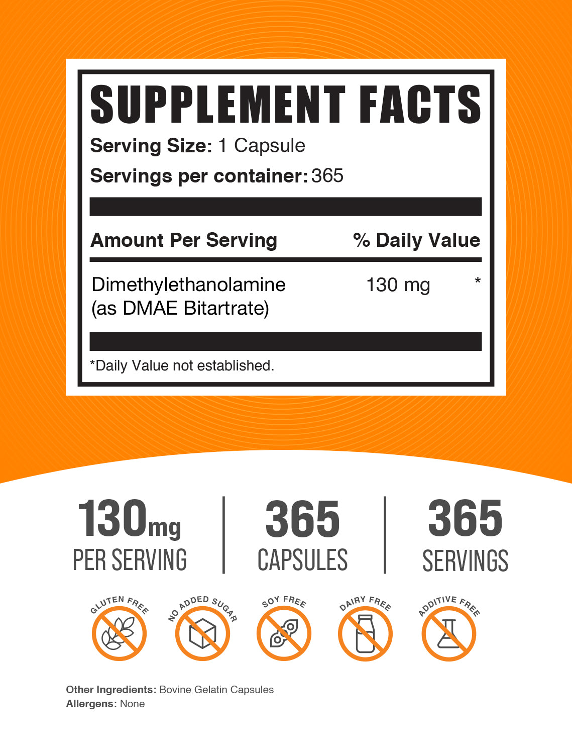 BulkSupplements DMAE Bitartrate Capsules 130mg 365ct Supplement Facts