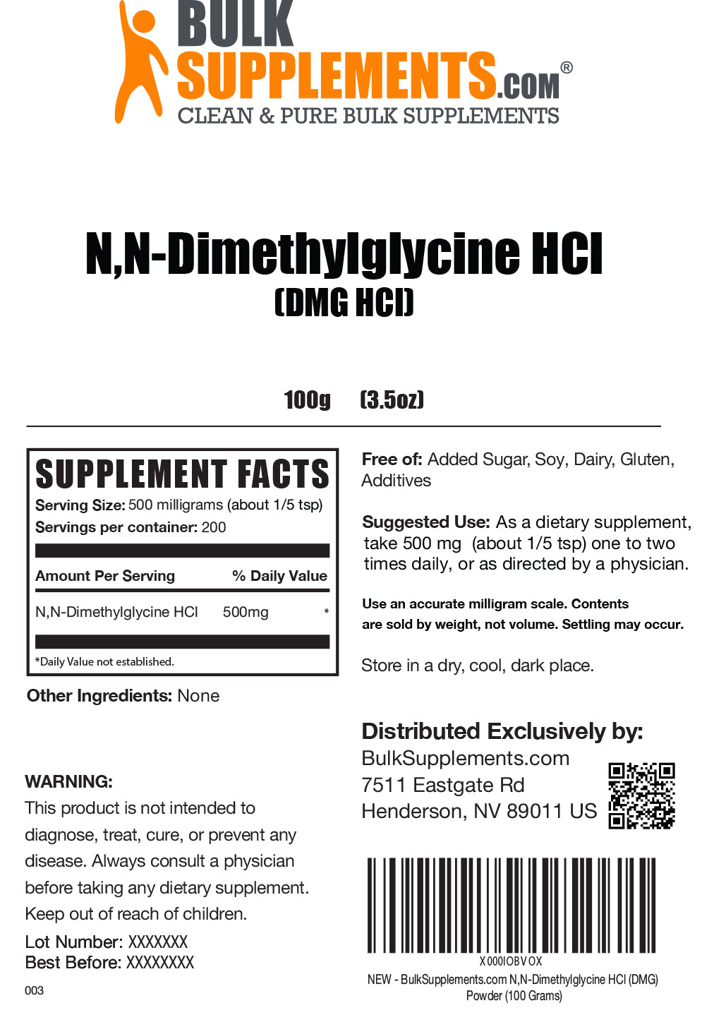 N,N-Dimethyl Glycine HCl (DMG HCl) Powder 100g Label