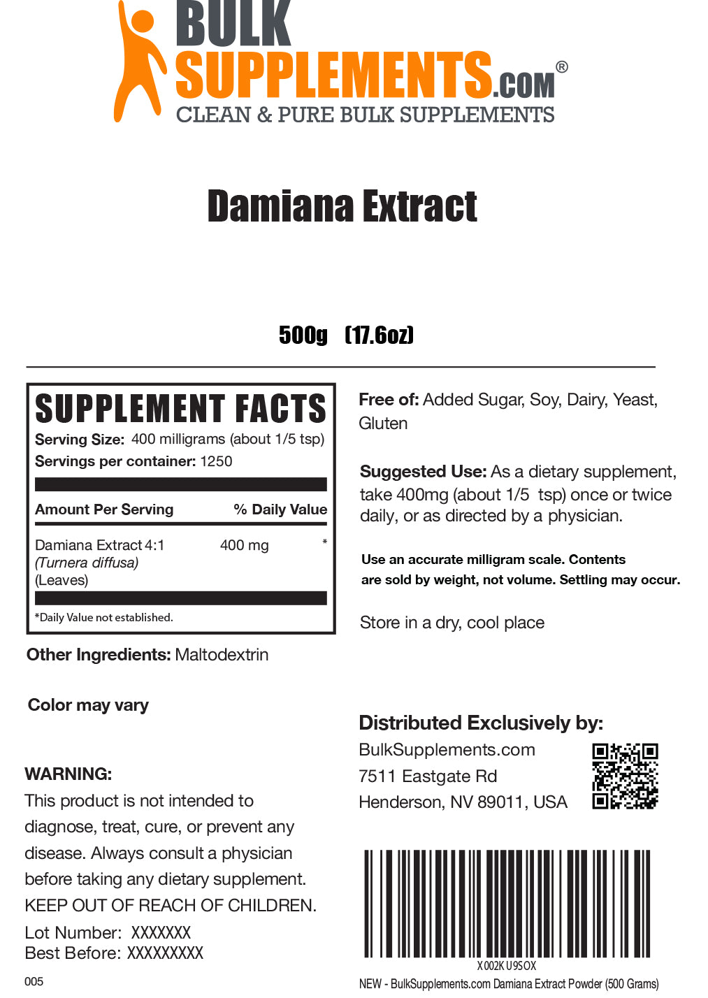 Damiana extract powder label 500g
