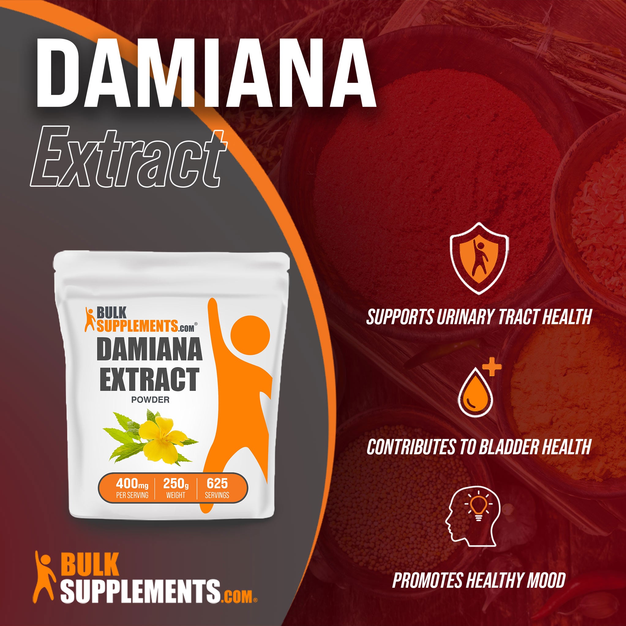 Benefits of Damiana Extract; supports urinary tract health, contributes to bladder health, promotes healthy mood