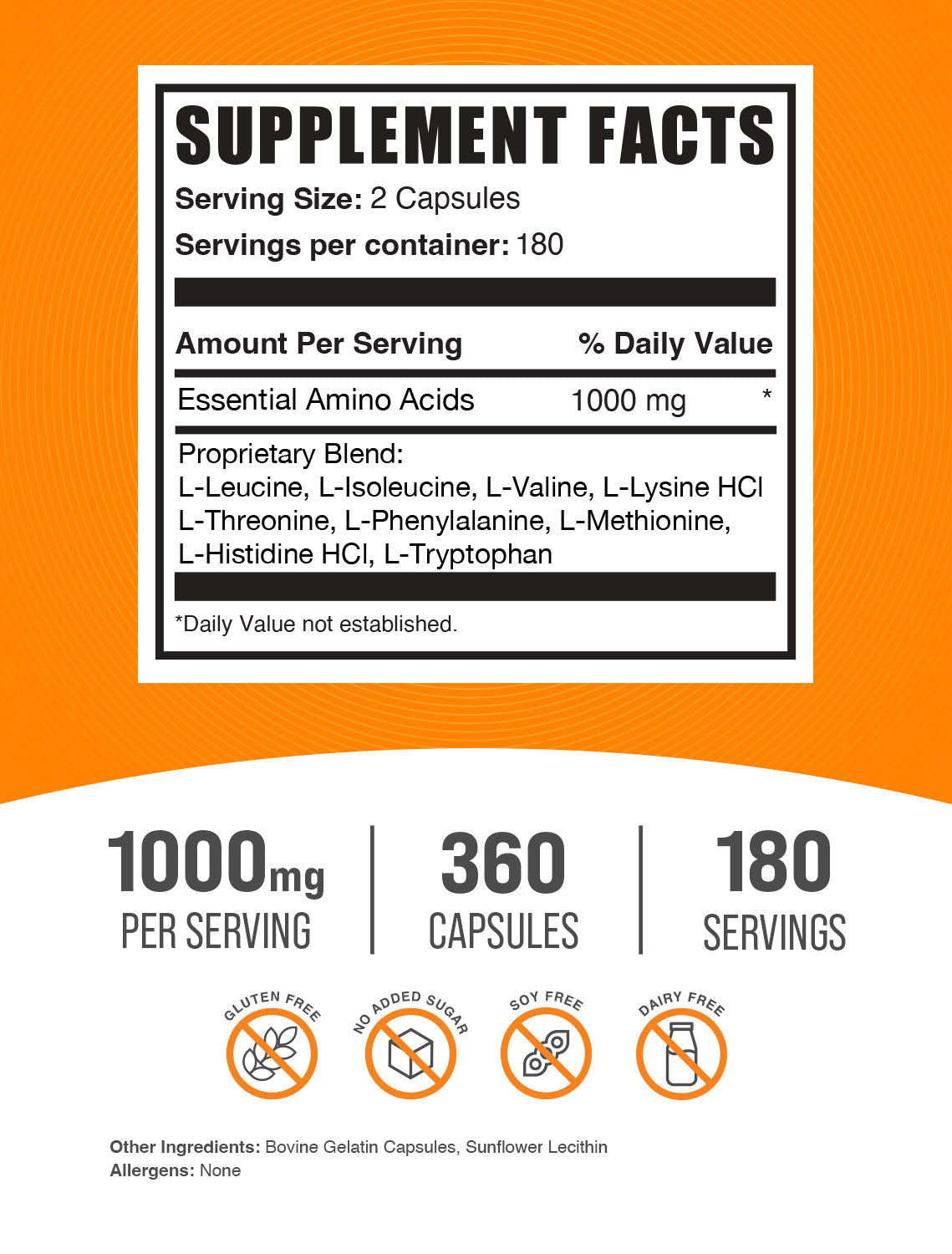 BulkSupplements Essential Amino Acids Capsule 1000mg 360ct Supplement Facts