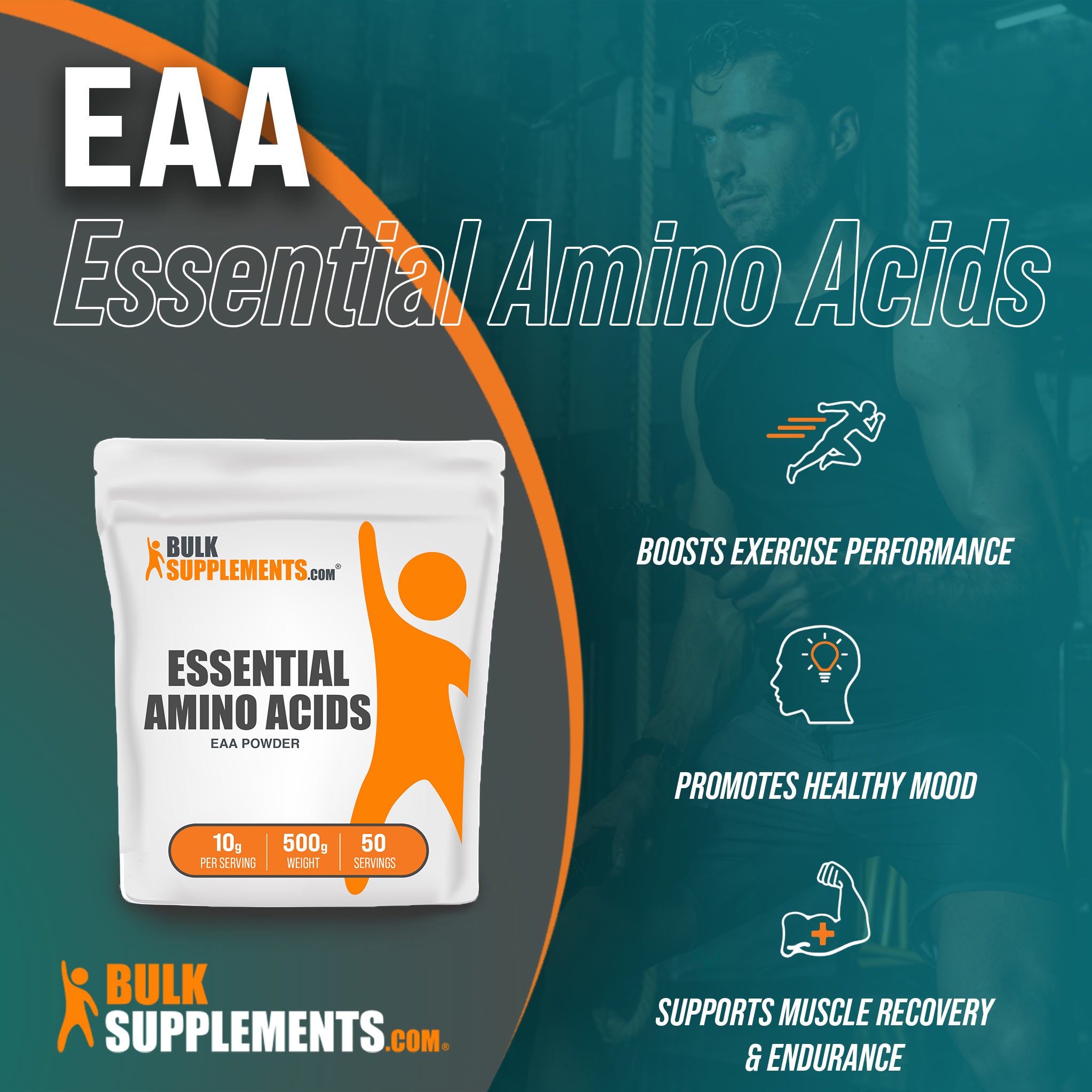 Benefits of EAA Essential Amino Acids; boosts exercise performance, promotes healthy mood, supports muscle recovery and endurance