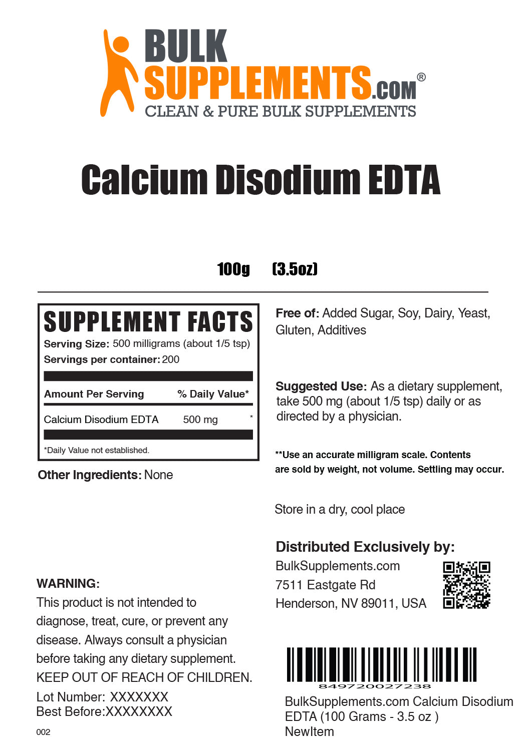 Supplement Facts Calcium Disodium EDTA 100 grams 3.5 ounces