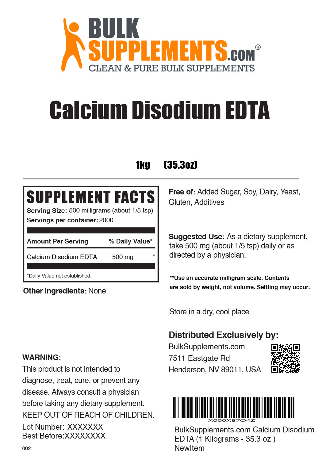Supplement Facts Calcium Disodium EDTA Powder 1 Kilogram 35.3 ounces
