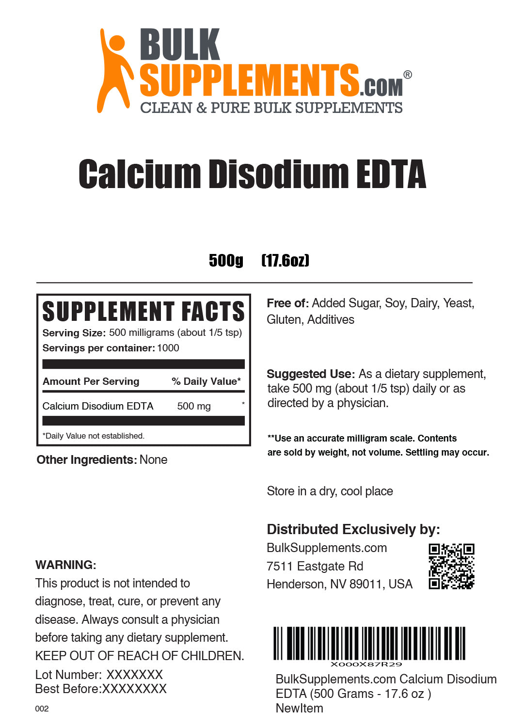 Supplement Facts Calcium Disodium EDTA 500 grams 17.6 ounces