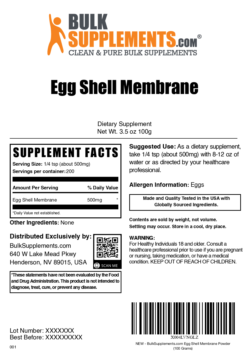 Egg shell membrane collagen powder label 100g