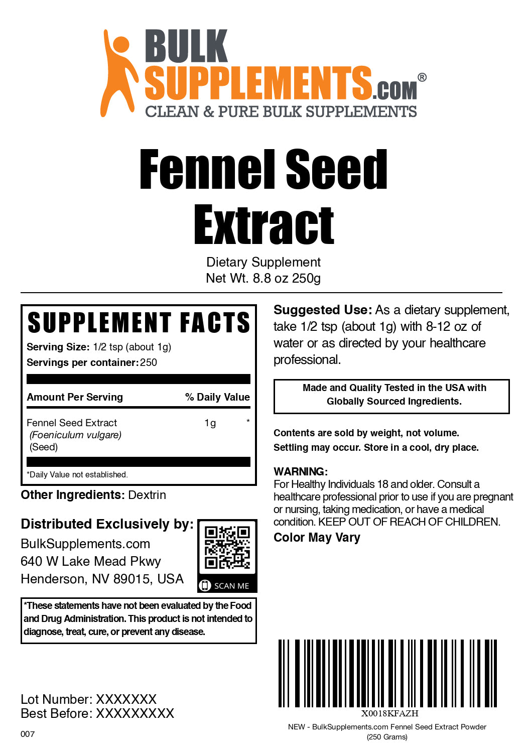 Fennel seed extract powder label 250g