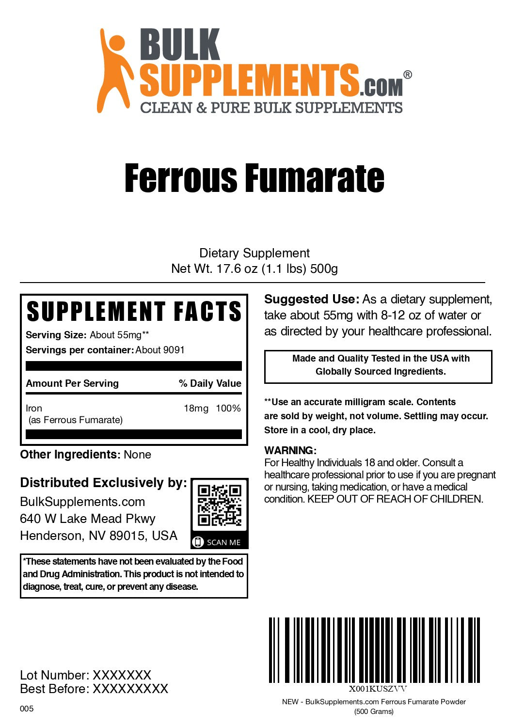 Ferrous Fumarate Powder 500g label