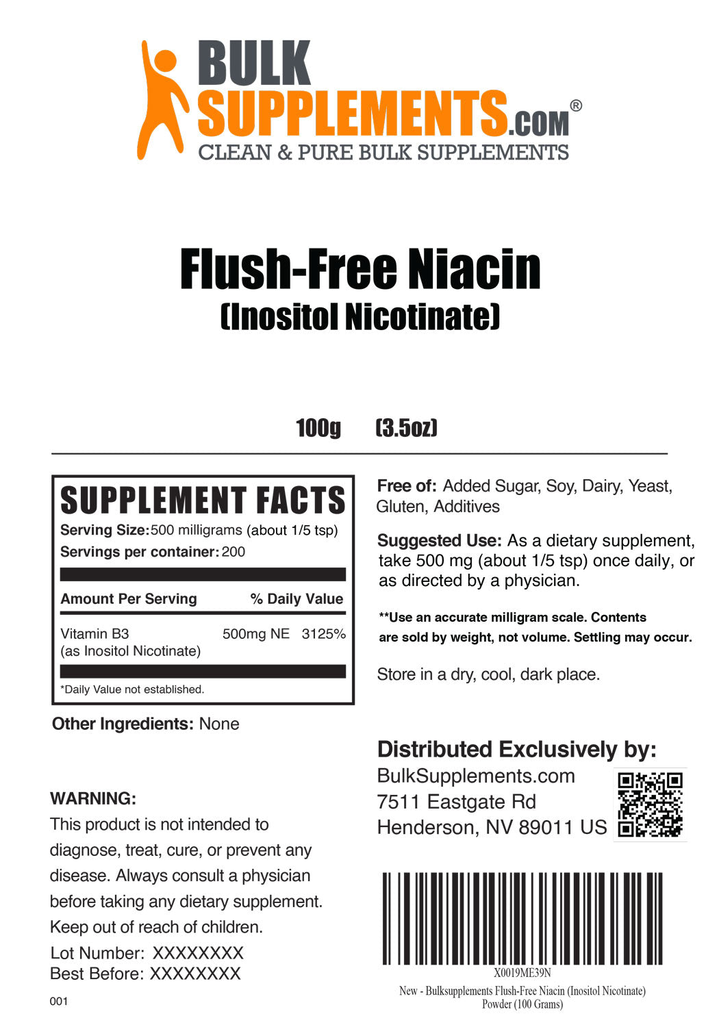 Supplement Facts Flush-Free Niacin Inositol Hexanicotinate