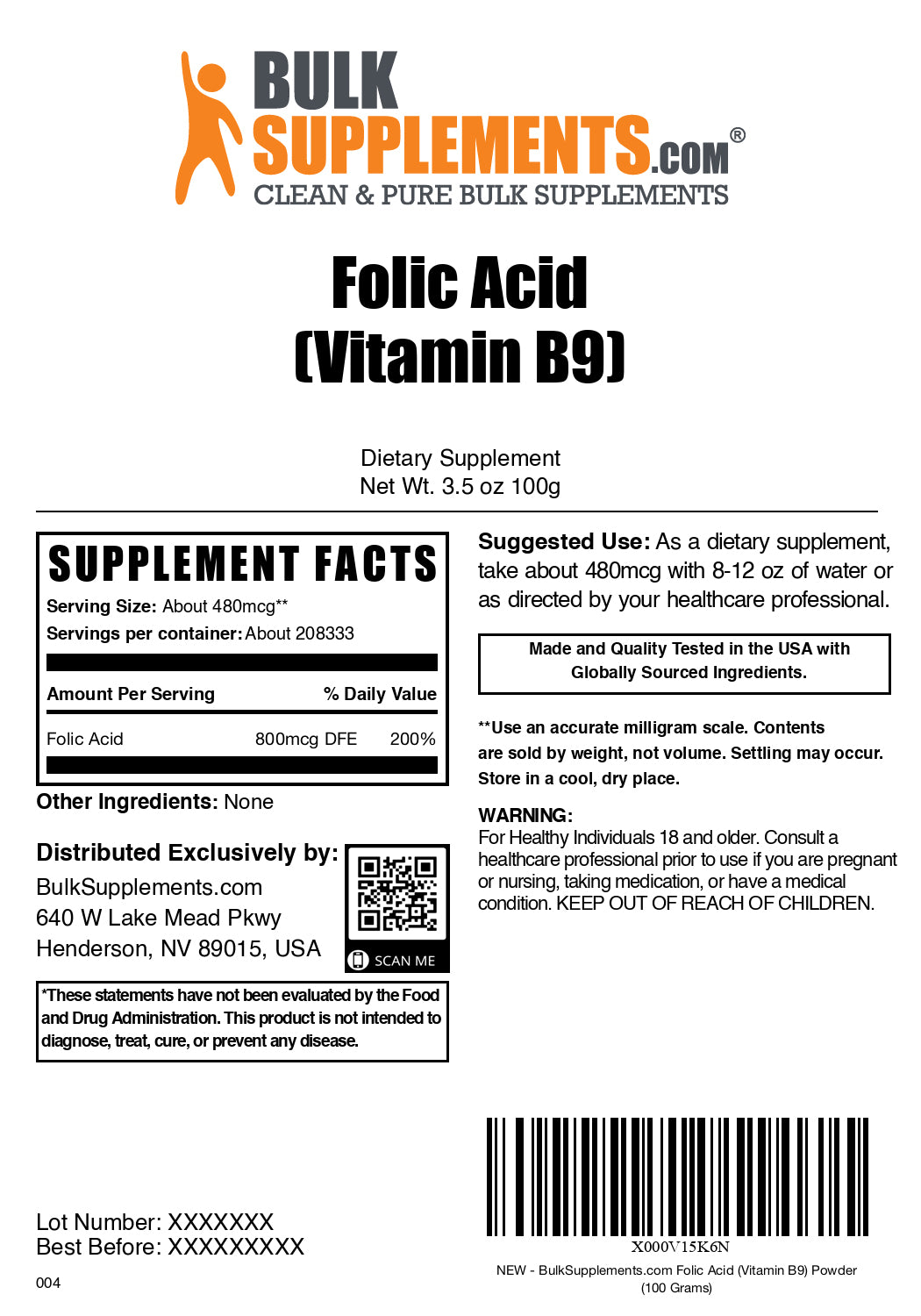 Folic acid powder label 100g
