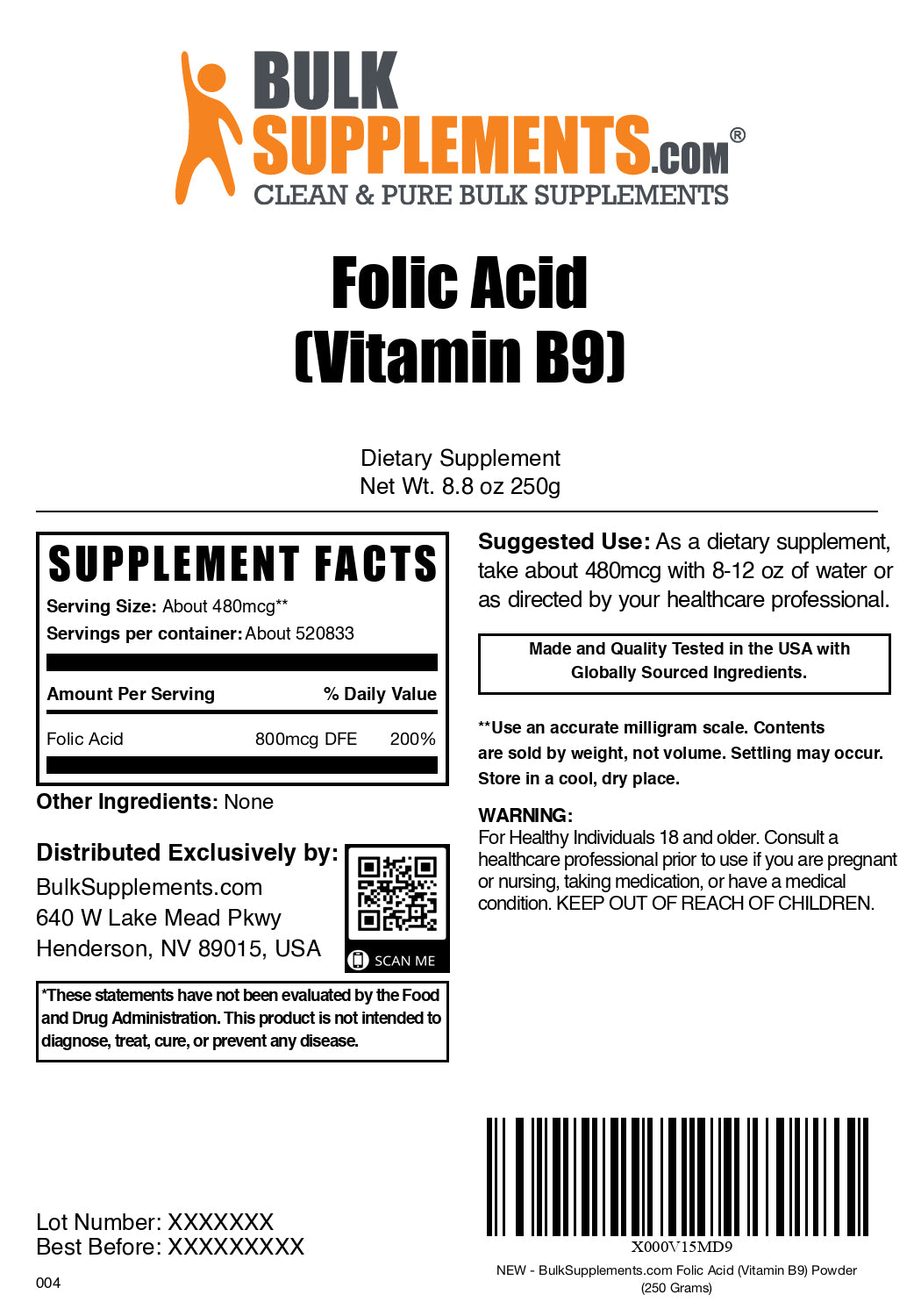 Folic acid powder label 250g
