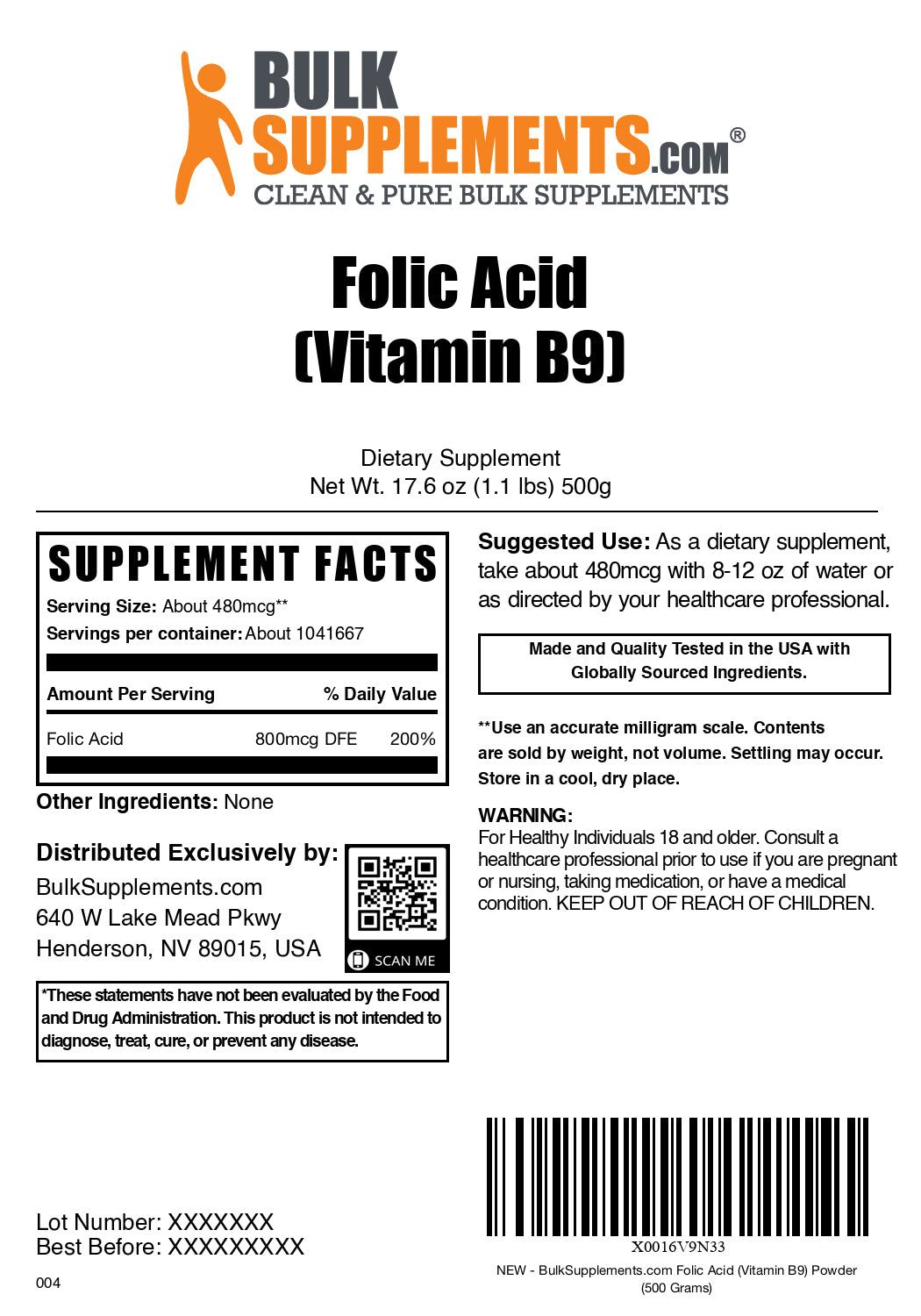 Folic acid powder label 500g