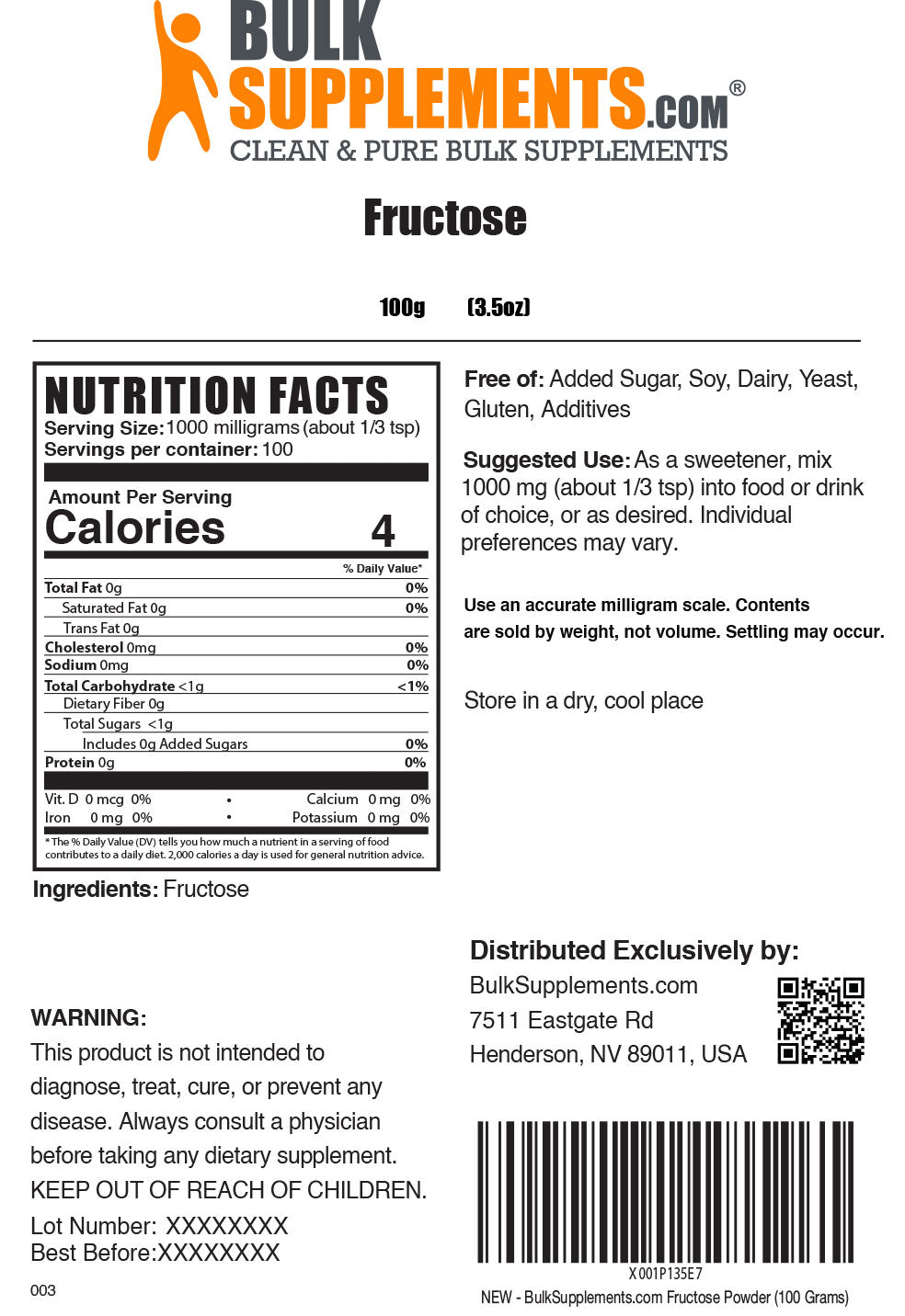 Nutrition Facts Fructose Powder