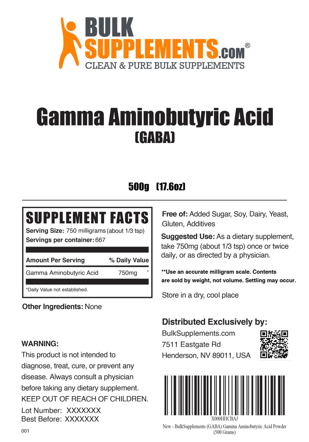 Supplement Facts GABA Gamma Aminobutyric Acid