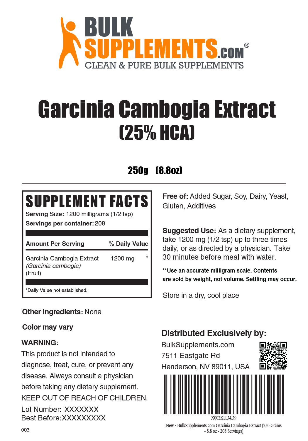 Supplement Facts Garcinia Cambogia Extract 25% HCA