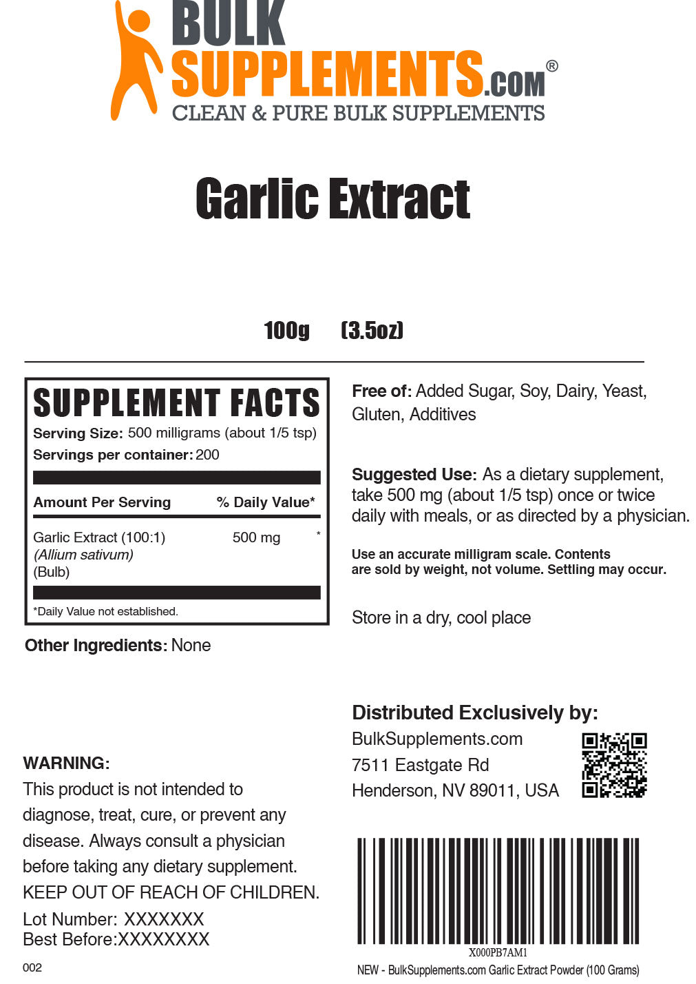 Supplement Facts Garlic Extract Powder