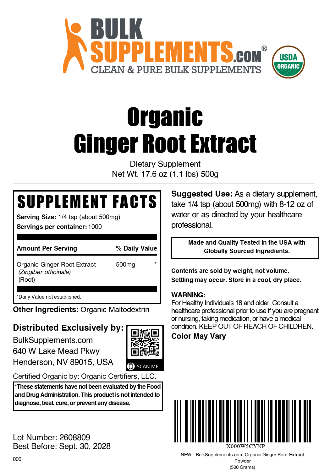 Organic Ginger Root Extract Powder 500g Plain Label
