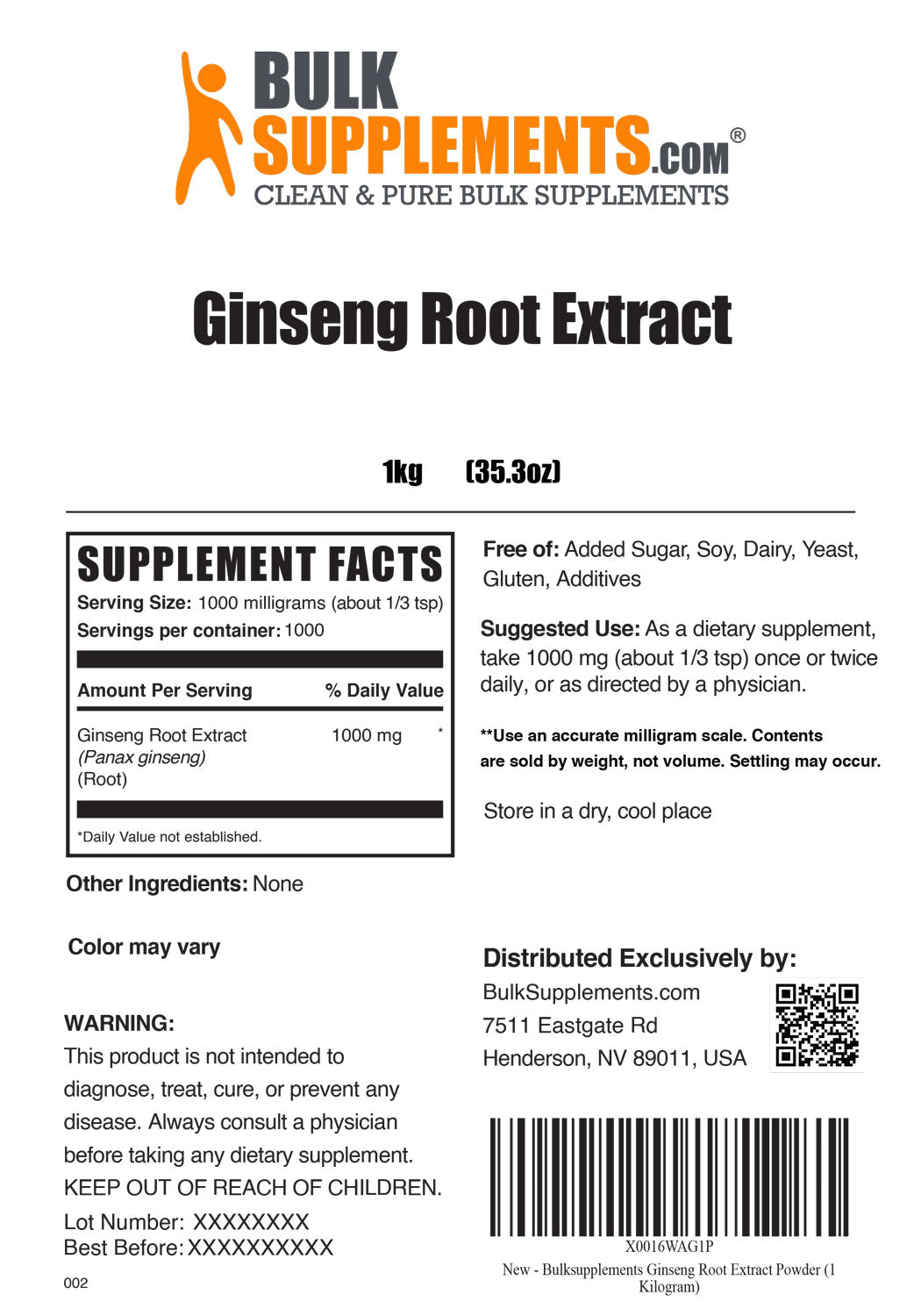 Supplement Facts Ginseng Root Extract
