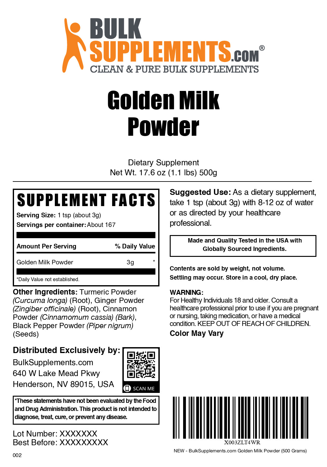 Golden milk powder label 500g