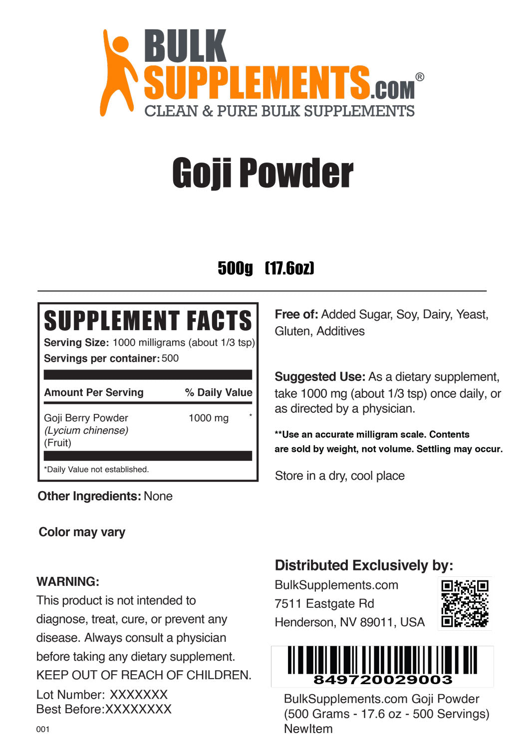 Supplement Facts Goji Powder