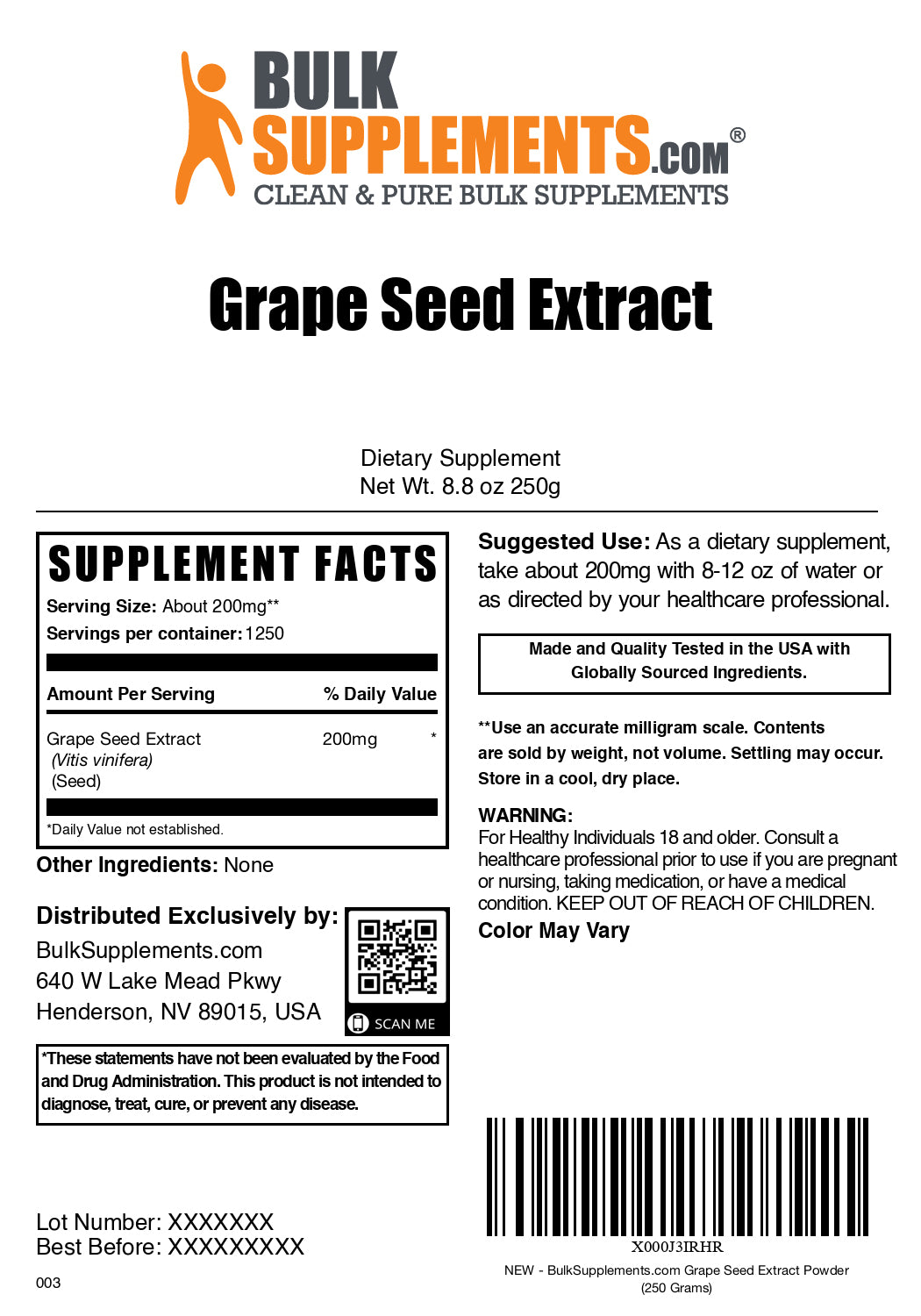 Grape seed extract powder label 250g