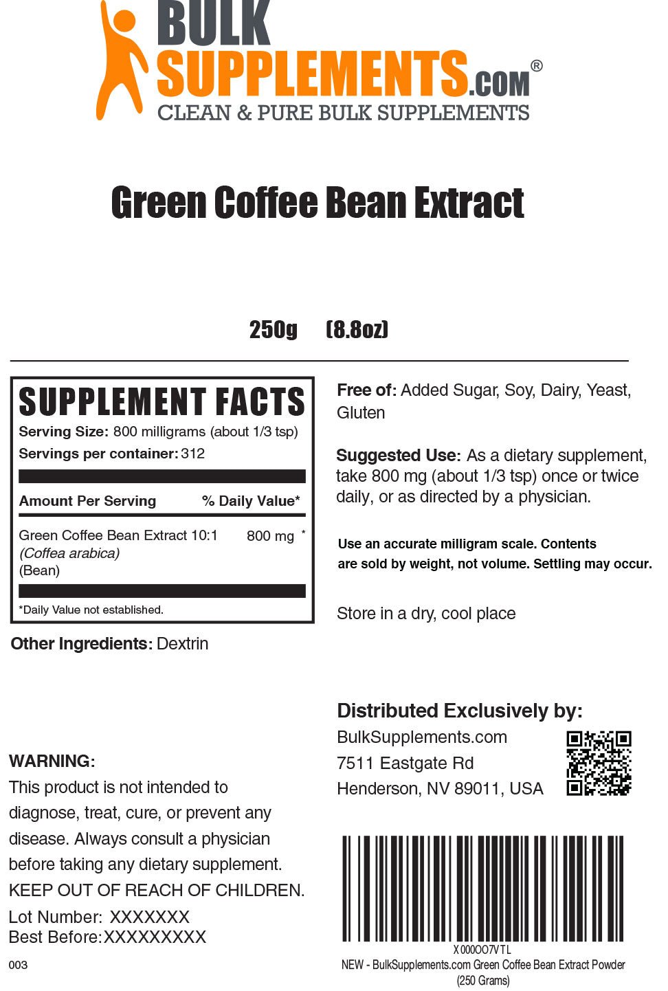 Green Coffee Bean extract powder label 250g