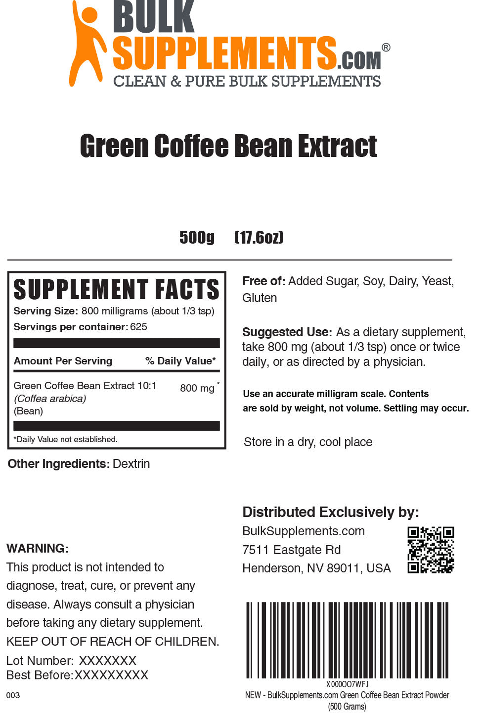 Supplement Facts Green Coffee Bean Extract