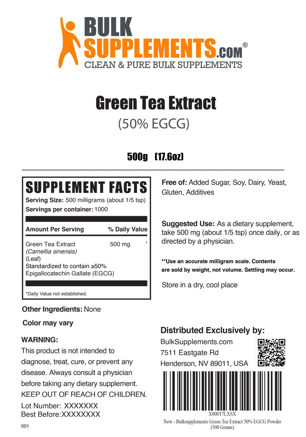 Supplement Facts Green Tea Extract 50% EGCG