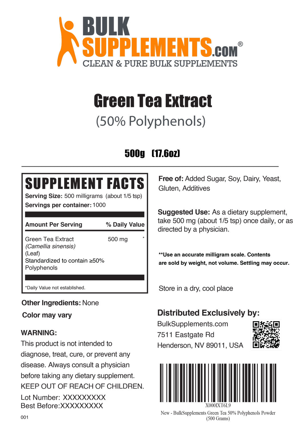 Supplement Facts Green Tea Extract 50% Polyphenols