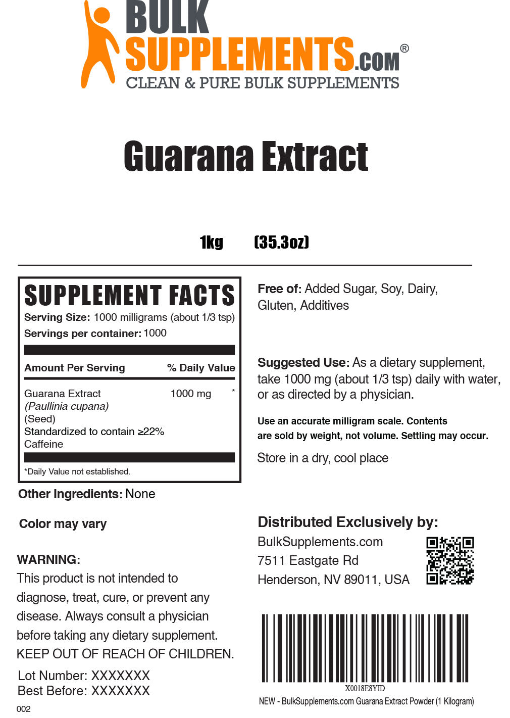 Supplement Facts Guarana Extract