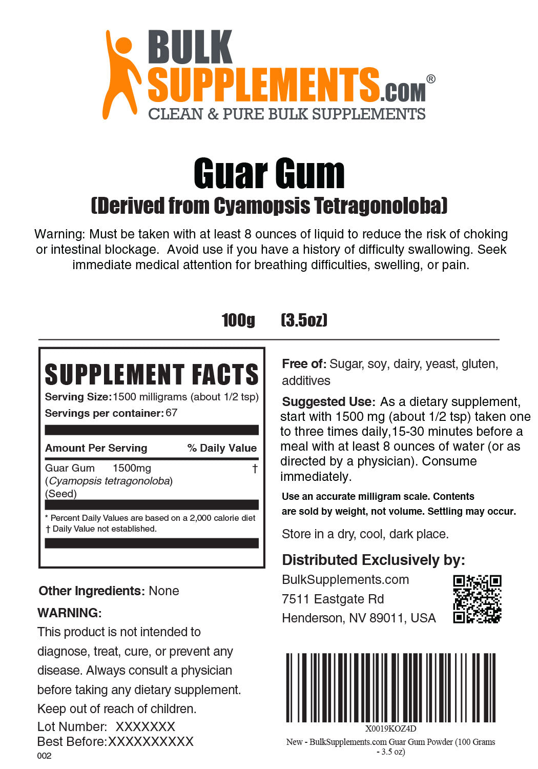 Supplement Facts and Warnings Guar Gum