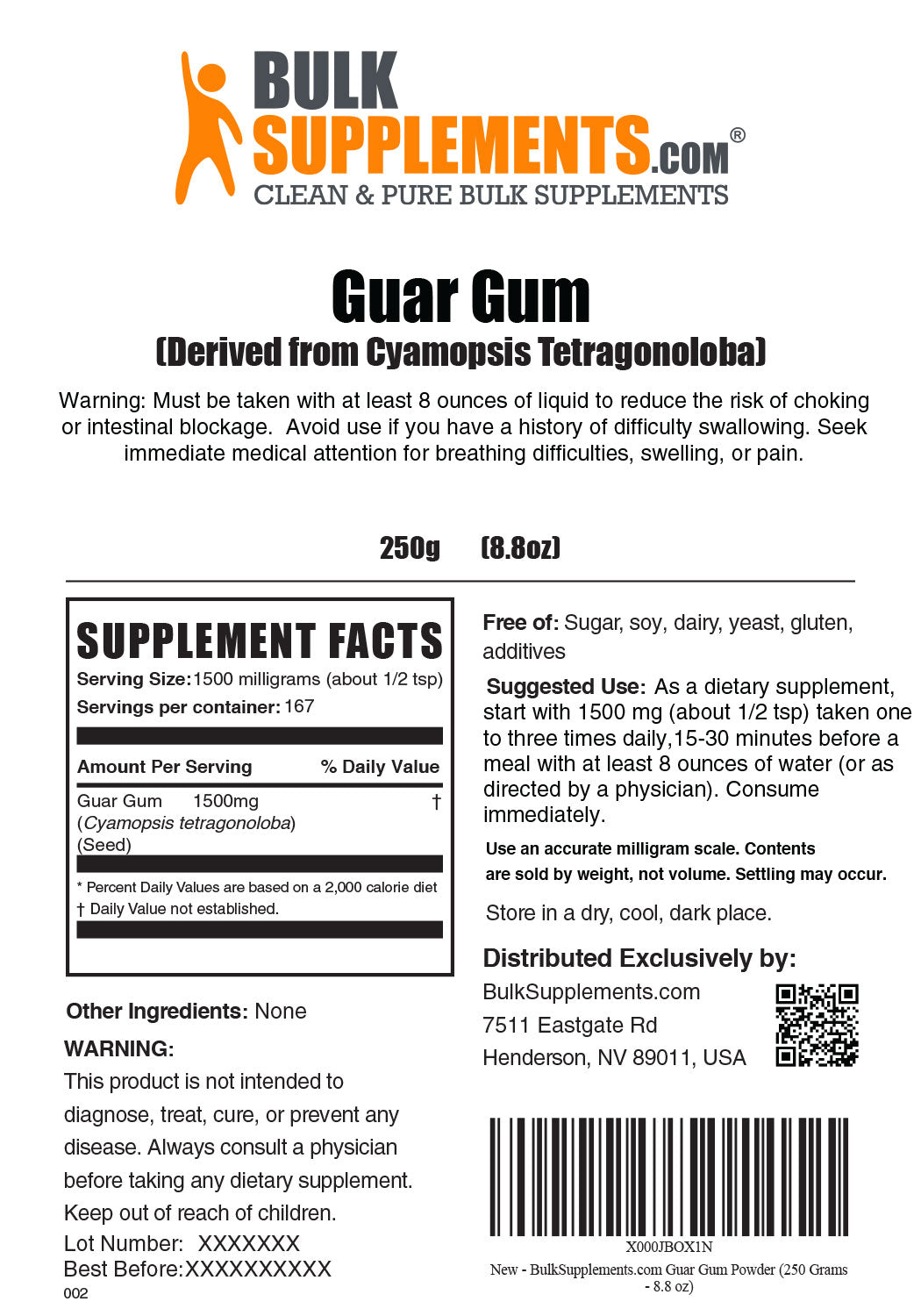 Supplement Facts and Warnings Guar Gum